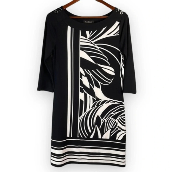 WHITE HOUSE BLACK MARKET Print Tunic Dress Black White Color Block Classic S - Picture 2 of 10
